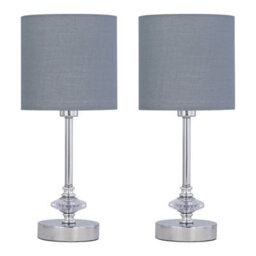 First Choice Lighting Set Of 2 Chrome Jewelled Table Lamp With Grey Cotton Shades