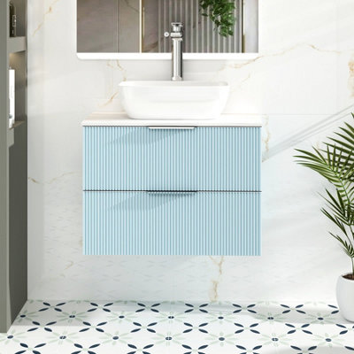 Royal Bathrooms Evora 700mm Powder Blue Fluted Wall Hung Vanity Unit 2 Drawer With Countertop Basin - Elva - image 1
