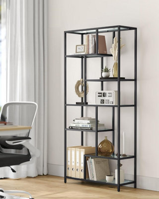 Songmics Bookshelf, 6-Tier Tall Bookcase, Plant Stand, Display Shelf, Tempered Glass, For Study, Office, Room, Kitchen, Black - image 1