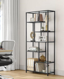 Bookshelf, 6-Tier Tall Bookcase, Plant Stand, Display Shelf, Tempered Glass, For Study, Office, Room, Kitchen, Black