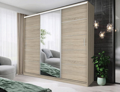 Fhif Ibiza 250Cm Oak Sliding Door Wardrobe Modern Bedroom Storage With Full Length Mirror Shelves And Hanging Rails - image 1