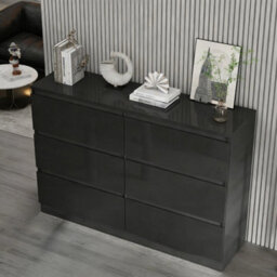 Black High Gloss Drawer W/6 Drawers Storage Cabinet Living Room No Handle - thumbnail 1