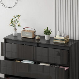 Black High Gloss Drawer W/6 Drawers Storage Cabinet Living Room No Handle - thumbnail 3