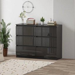 Black High Gloss Drawer W/6 Drawers Storage Cabinet Living Room No Handle - thumbnail 5