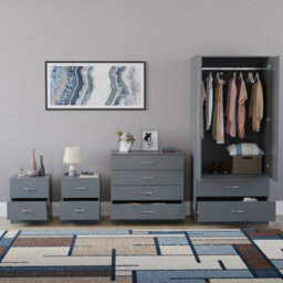 Lassic Vida Designs Riano 4 Piece Bedroom Set (2 Drawer Bedside Chest, 4 Drawer Chest, 2 Door 2 Drawer Wardrobe), Grey - thumbnail 2