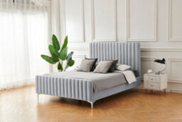 Amy Light Grey Velvet King Size 5Ft Lined Designed Headboard & Footboard Bed Frame With Silver Legs - thumbnail 1