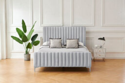 Amy Light Grey Velvet King Size 5Ft Lined Designed Headboard & Footboard Bed Frame With Silver Legs - thumbnail 2