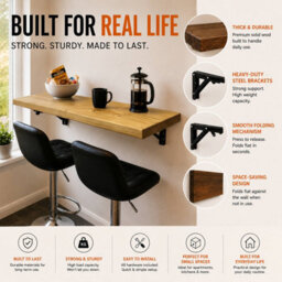 Mkgt Rustic Folding Wall Mounted Breakfast Bar Table - Solid Wood (Rustic Pine, 70 X 30Cm) - thumbnail 6