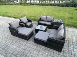 Fimous Garden Furniture Set Rattan Outdoor Lounge Sofa Chair With Tempered Glass Table 2 Big Footstool Side Table - thumbnail 2