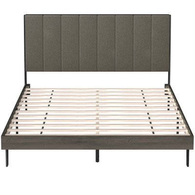 Gainoom Upholstered Grey Bed Frame Wooden Slats Support Mattress Foundation - image 1