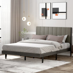 Gainoom Upholstered Grey Bed Frame Wooden Slats Support Mattress Foundation - thumbnail 3