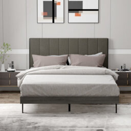 Gainoom Upholstered Grey Bed Frame Wooden Slats Support Mattress Foundation - thumbnail 5
