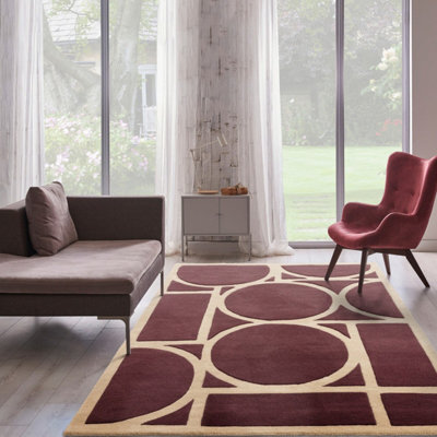 Plum Geometric Bordered ,modern Wool Rug For Bedroom & Living Room-160Cm X 230Cm - image 1