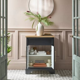 Homestylestore Black Grey And Oak 645mm Bathroom Vanity Unit And Brushed Brass T Bar Handles - thumbnail 2