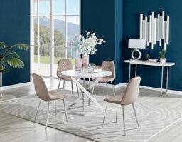 Furniturebox Uk Novara White High Gloss Round Dining Table & 4 Cappuccino Corona Silver Chairs - thumbnail 1