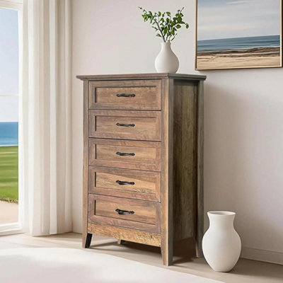 Retro Yellow 5 Drawers Dresser For Bedroom Wood Tall Chset Of Drawer Metal Handle Living Room - image 1
