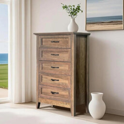 Retro Yellow 5 Drawers Dresser For Bedroom Wood Tall Chset Of Drawer Metal Handle Living Room - thumbnail 1