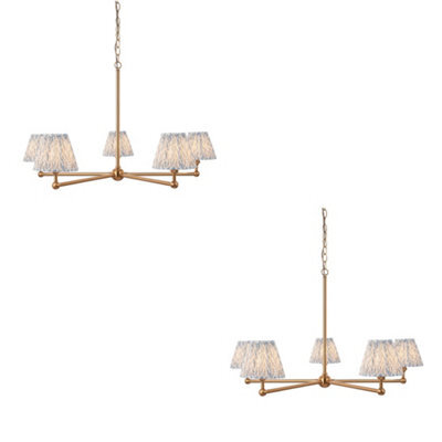 Loops Elegant 2 Pack Hanging Ceiling Pendant Lights In Brushed Aged Brass And Shell Bay Blue Fabric - image 1