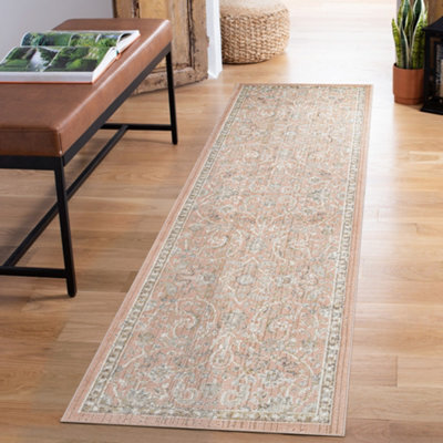 Maia Washable Low Pile Non Slip Blossom Traditional Area Rug - Coral, 60 X 220 Cm (Runner) - image 1