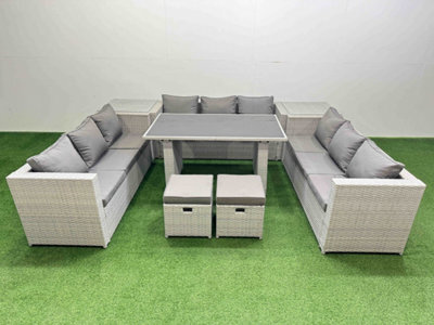 Fimous Patio Outdoor Garden Furniture Sets With Black Glass Top Dining Table 3 Seater Sofa 2 Side Tables 2 Small Stool Light Grey - image 1