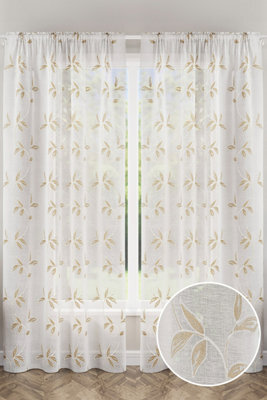 "Tyrone Textiles Oasis Natural Embroidered Leaf Design Voile Panels - Pair 140 X 137Cm (55X54"")" - image 1