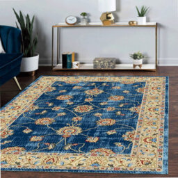 Blue Easy To Clean Bordered Floral Traditional Rug For Living Room, Bedroom, Dining Room - 120Cm X 170Cm - thumbnail 1