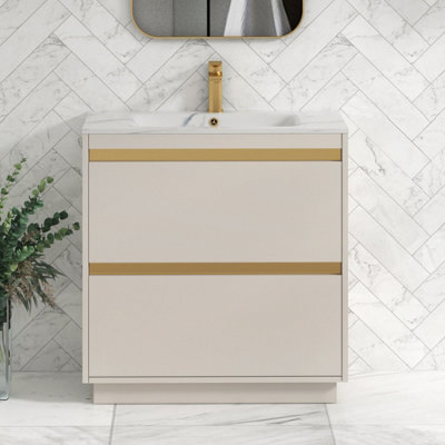 Royal Bathrooms Orion 800mm Warm Taupe 2 Drawer Floor Standing Vanity Unit With Carrara White Basin & Brushed Brass Accent Trim - image 1