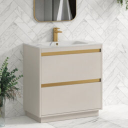 Royal Bathrooms Orion 800mm Warm Taupe 2 Drawer Floor Standing Vanity Unit With Carrara White Basin & Brushed Brass Accent Trim - thumbnail 6