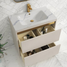 Royal Bathrooms Orion 800mm Warm Taupe 2 Drawer Floor Standing Vanity Unit With Carrara White Basin & Brushed Brass Accent Trim - thumbnail 4