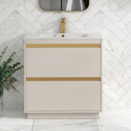 Royal Bathrooms Orion 800mm Warm Taupe 2 Drawer Floor Standing Vanity Unit With Carrara White Basin & Brushed Brass Accent Trim