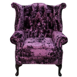 Chesterfield High Back Wing Chair Lustro Amethyst Purple Velvet Fabric In Queen Anne Style