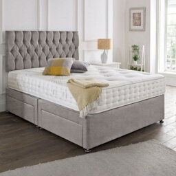 Dining Tables Beirut Matching Headboard Divan Set, 2 Drawer On Same Side With Sprung 1500 Comfort Mattress - Chenille Grey - King - thumbnail 1