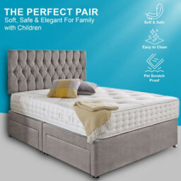 Dining Tables Beirut Matching Headboard Divan Set, 2 Drawer On Same Side With Sprung 1500 Comfort Mattress - Chenille Grey - King - thumbnail 2