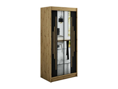 Arte Leto Y1 Contemporary Mirrored 2 Sliding Door Wardrobe 5 Shelves 2 Rails Black Matt And Oak Effect (H)2000mm (W)1000mm (D)620mm - image 1