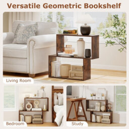 Gainoom 3-Tier Brown Geometric Bookshelf Freestanding Wooden Bookcase With 2 Cubic Compartments - thumbnail 3