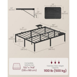 Songmics Double Bed Frame With Shelves, Metal Guest Bed With Bedside Storage, Easy Assembly Bedroom Furniture, Matte Black - thumbnail 2