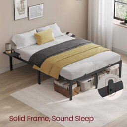 Songmics Double Bed Frame With Shelves, Metal Guest Bed With Bedside Storage, Easy Assembly Bedroom Furniture, Matte Black - thumbnail 3