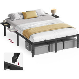 Songmics Double Bed Frame With Shelves, Metal Guest Bed With Bedside Storage, Easy Assembly Bedroom Furniture, Matte Black - thumbnail 6