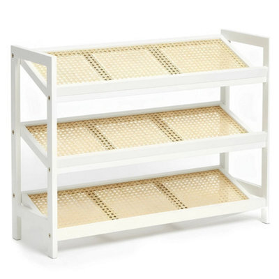 White Shoe Rack 3 Tier Bamboo Rattan Stylish Functional Shoe Storage Organiser - image 1