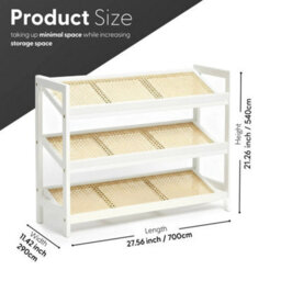 White  Shoe Rack 3 Tier Bamboo Rattan Stylish Functional Shoe Storage Organiser - thumbnail 2