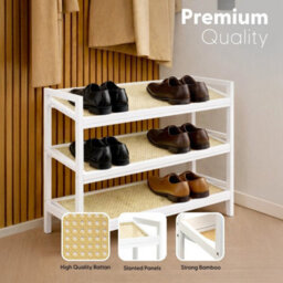 White  Shoe Rack 3 Tier Bamboo Rattan Stylish Functional Shoe Storage Organiser - thumbnail 3