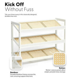White  Shoe Rack 3 Tier Bamboo Rattan Stylish Functional Shoe Storage Organiser - thumbnail 6