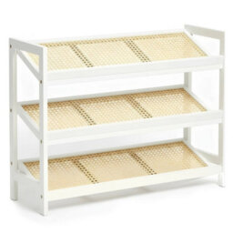 White  Shoe Rack 3 Tier Bamboo Rattan Stylish Functional Shoe Storage Organiser - thumbnail 1