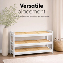White  Shoe Rack 3 Tier Bamboo Rattan Stylish Functional Shoe Storage Organiser - thumbnail 4