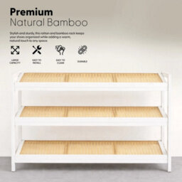 White  Shoe Rack 3 Tier Bamboo Rattan Stylish Functional Shoe Storage Organiser - thumbnail 5