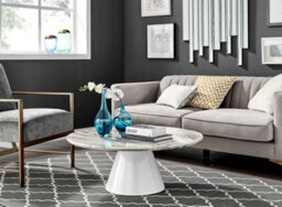 Furniturebox Palma Round White Marble Effect Coffee Table With Pedestal Pillar Base In Semi-Matte Finish For Modern Living Room
