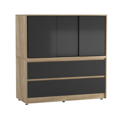 Urbn-Living Urbnliving 120Cm Height Oak With 3 Sliding Black Door 4 Drawer Bedside Cabinet Storage End Unit Bedroom Furniture - image 1