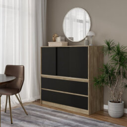 Urbn-Living Urbnliving 120Cm Height Oak With 3 Sliding Black Door 4 Drawer  Bedside Cabinet Storage End Unit Bedroom Furniture - thumbnail 3