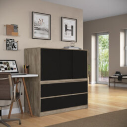 Urbn-Living Urbnliving 120Cm Height Oak With 3 Sliding Black Door 4 Drawer  Bedside Cabinet Storage End Unit Bedroom Furniture - thumbnail 4