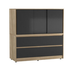 Urbn-Living Urbnliving 120Cm Height Oak With 3 Sliding Black Door 4 Drawer  Bedside Cabinet Storage End Unit Bedroom Furniture - thumbnail 1